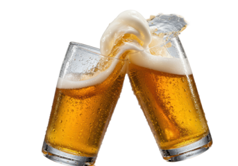 Ultra-frosty lager beer glasses mid-clink, exploding amber beer, creamy foam, suspended droplets, isolated on transparent, sharp focus, low angle. Refreshing beverage concept