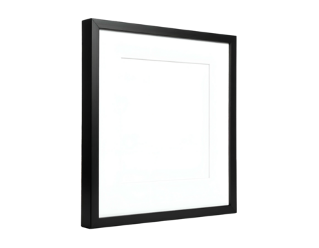 A simple, empty, square black frame with white matting, set against a dark background