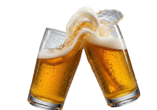 Ultra-frosty lager beer glasses mid-clink, exploding amber beer, creamy foam, suspended droplets, isolated on transparent, sharp focus, low angle. Refreshing beverage concept
