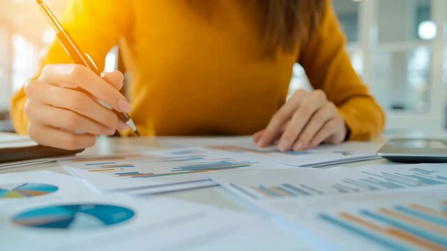 Person analyzing data and charts in a professional setting.