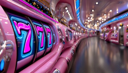 Pink retro slot machines line a glamorous casino floor, showcasing glowing 777 symbols, a dazzling, fun scene