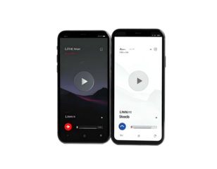 Two mobile phones side-by-side showcasing different app music playback interface displays