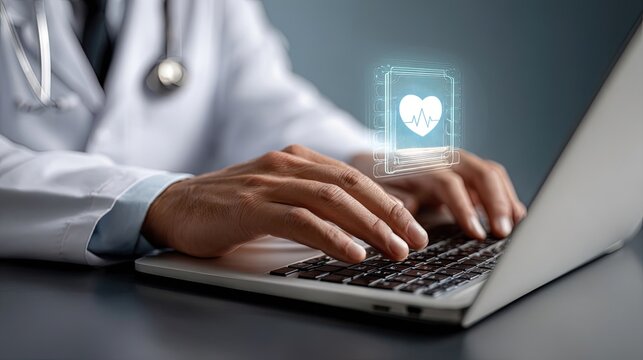 Healthcare professional typing patient data medical office digital health records indoor close-up medical technology