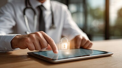 Fototapeta premium Secure digital health management doctor's interaction with technology in a modern clinic setting
