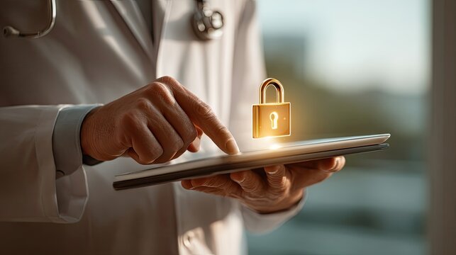 Digital security measures in healthcare medical facility infographic indoor close-up data protection strategies