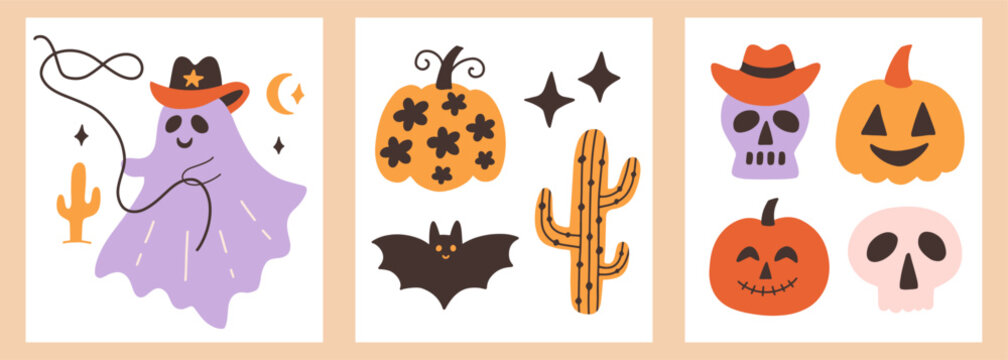 Cute Cowboy Ghost Cartoon Halloween Set