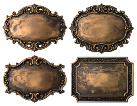 Four ornate bronze decorative plaques with intricate floral and scrollwork designs, blank centers