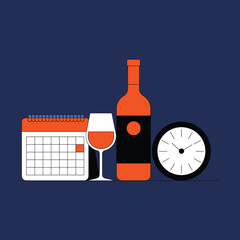 Calendar wine glass bottle and clock on dark blue background vector illustration.