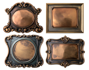 Four ornate copper-toned metal frames with detailed baroque-style designs