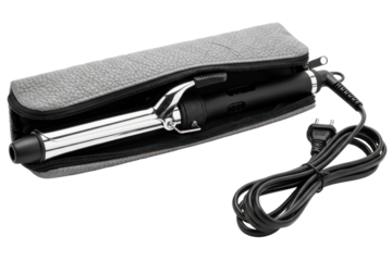 Electric hair curler with chrome barrel in a gray travel case on a transparent background