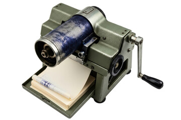 Old-style office duplicating machine with blue ink on roller on a transparent background