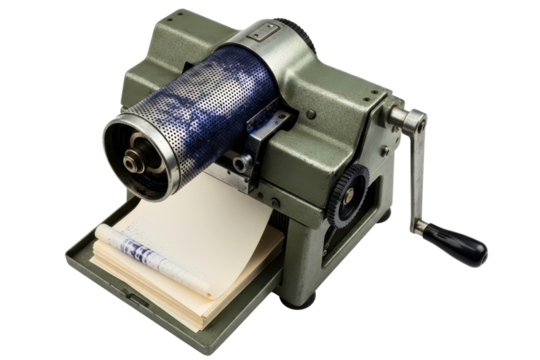 Old-style office duplicating machine with blue ink on roller on a transparent background