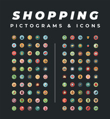 A modern and Vibrant vector collection of colorful icons and pictograms for shopping and apps ready to use, showcasing Shopping Pictograms and Iconset Displayed in Two-Column Grid on Dark Background