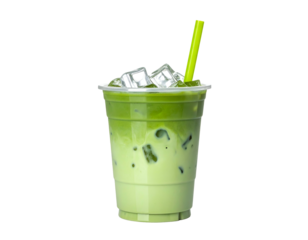 Iced beverage in a transparent plastic cup with green layers and a yellow straw