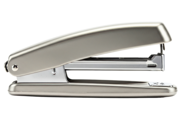Side view of a metallic gray desk stapler for office use on a transparent background