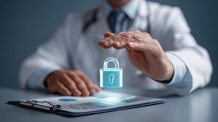 Healthcare professional ensures patient data security medical office digital content professional environment close-up view privacy importance