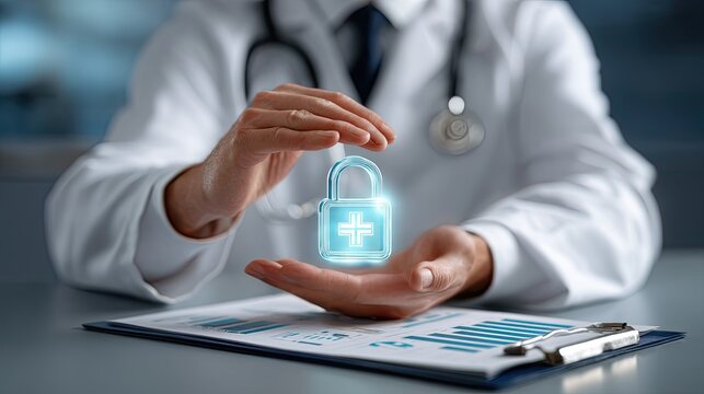 Healthcare professional safeguards patient information medical facility digital security professional setting close-up privacy protection