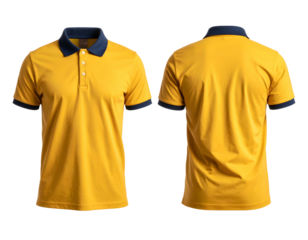A golden yellow polo shirt, front and back views, with dark blue collar and sleeves