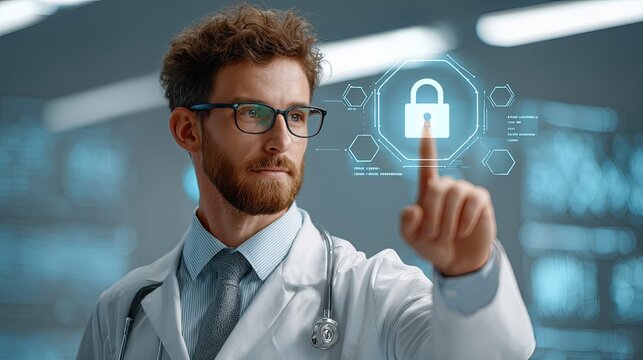 Medical professional engaging cybersecurity technology in healthcare facility with advanced interface