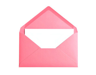 A stylized, open pink envelope containing a blank white sheet of paper against a black background