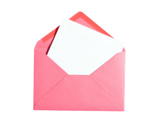 Open pink envelope revealing a blank white card, isolated on black background