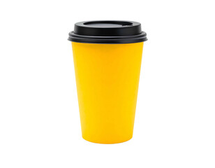 A tall, bright yellow insulated takeaway coffee cup with a black lid, isolated on black