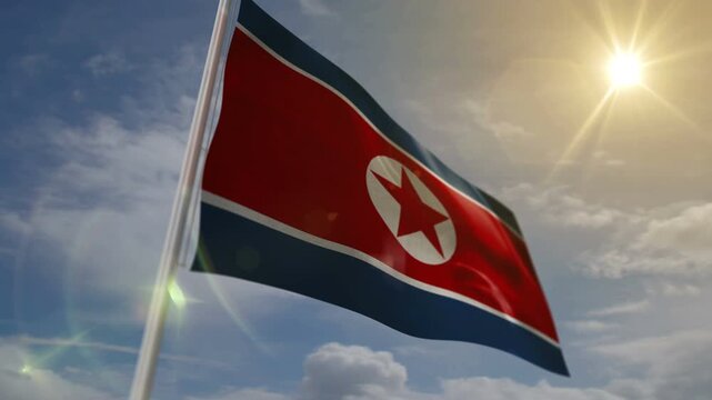 North Korea waving flag on blue sky background looping concept. Korean banner blowing in the wind seamless and looped animation.