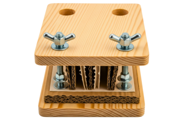 Wooden flower and leaf press with cardboard and screw clamps on a transparent background