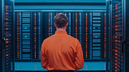 A person observing a data center filled with server racks. - Powered by Adobe