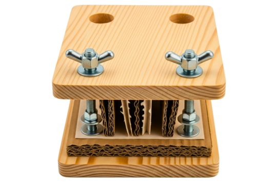 Wooden flower and leaf press with cardboard and screw clamps on a transparent background