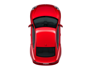 Overhead view of a shiny red electric car, set against a stark, black background