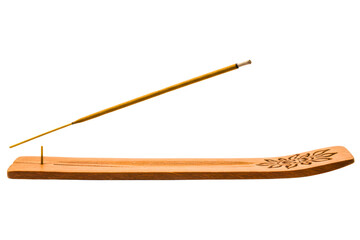 Wooden incense holder with decorative floral carving and incense stick on a transparent background
