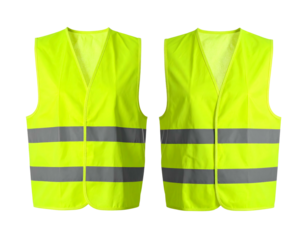 Pair of reflective yellow safety vests, featuring gray bands, against a black background