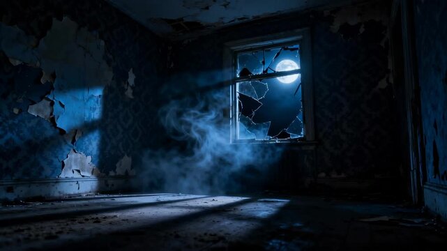 Abandoned room with moonlight streaming through broken window, misty smoke drifting across floor, peeling blue walls, dark atmospheric scene with full moon visible