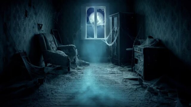 Translucent phantom emerges within decaying room, moonlight casting ethereal shadows across scattered debris and forgotten furniture, creating haunting supernatural scene.