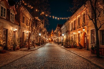 Fototapeta premium European Street Sparkles With Holiday Lights and Cheer This Christmas Season