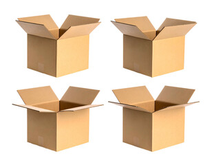 Four empty cardboard boxes, open and arranged in a 2x2 grid, against a dark background