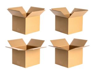 Four empty cardboard boxes, open and arranged in a 2x2 grid, against a dark background