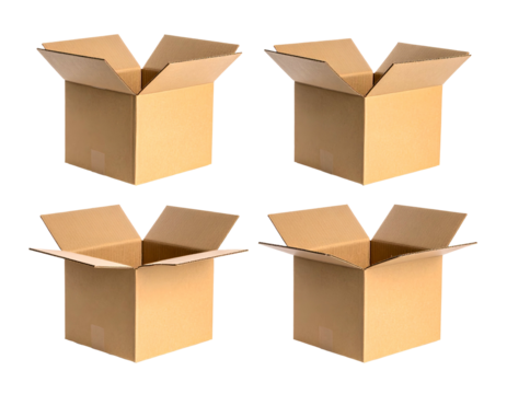 Four empty cardboard boxes, open and arranged in a 2x2 grid, against a dark background