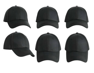 Array of six black baseball caps, showcasing different angles and perspectives