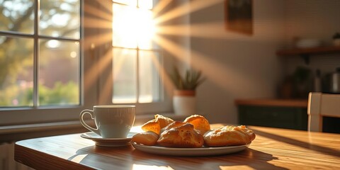 Sunlight streams through window onto coffee cup and pastries on kitchen table, coffee, window light