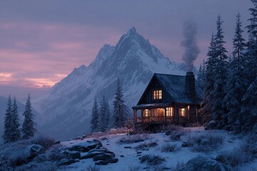 Fototapeta premium Cozy Cabin in the Snowy Mountains With Smoke Rising at Dusk Generative AI