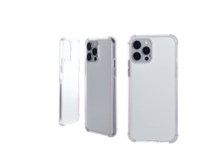 Three gray mobile phones, enclosed in transparent protective cases, displayed on a black background