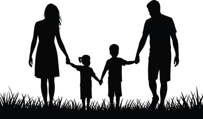 Silhouette of a loving family holding hands, walking together in unity, representing togetherness, love, and family values in a timeless design