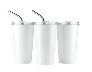 Three clear plastic beverage cups with lids, each holding a metal straw, on a black background