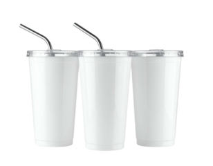 Three clear plastic beverage cups with lids, each holding a metal straw, on a black background