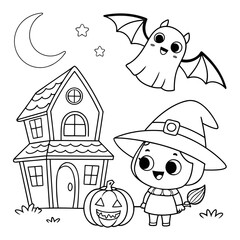 Coloring page for Halloween Vector illustration of Halloween Coloring Page – Cute Pumpkin, Ghost, Witch, Bat & Haunted House Printable for Kids