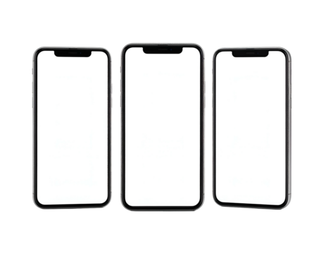 Three identical modern smartphones side-by-side with blank white screens, isolated against a dark background