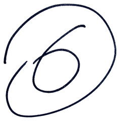 Black circle with hand drawn number 6, marker doodle sketch symbol isolated on transparent background