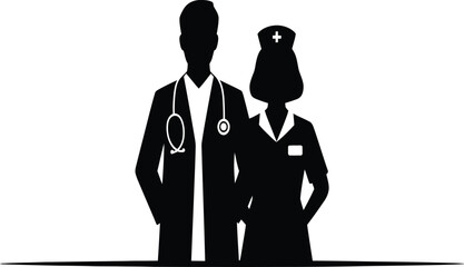 Dedicated medical staff team ready to serve, featuring a doctor with a stethoscope and a nurse in uniform, showing healthcare strength and support